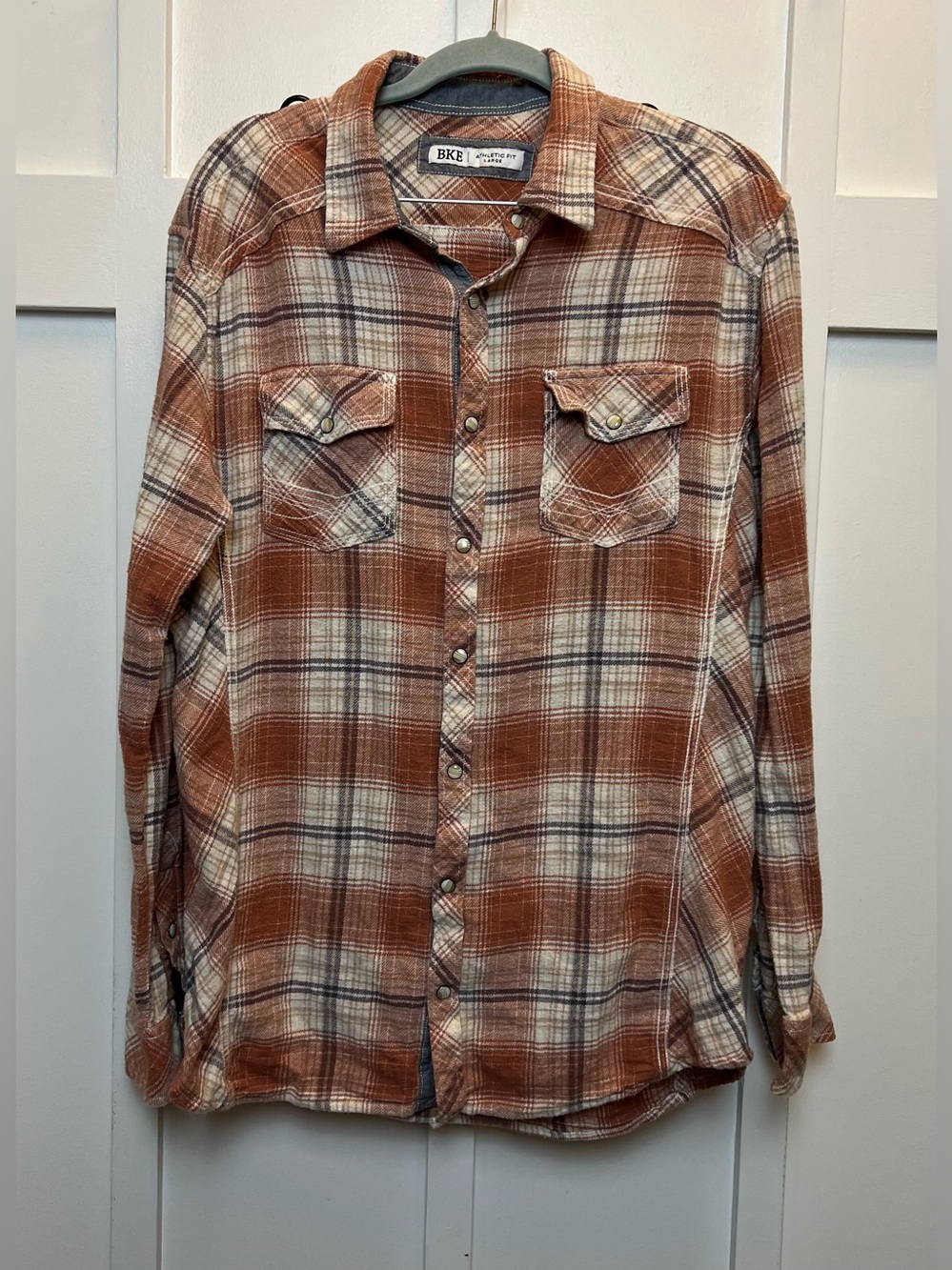 BKE Athletic Fit Men Large Plaid Pearl Snap Western Shirt Long Sleeve 100 Cotton